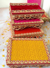 Wooden chowki  (11x8x2 inch) for wedding Favors, Return Gifts, Wedding Gifts, Sangeet favors, Décor Of Brocade Fabric